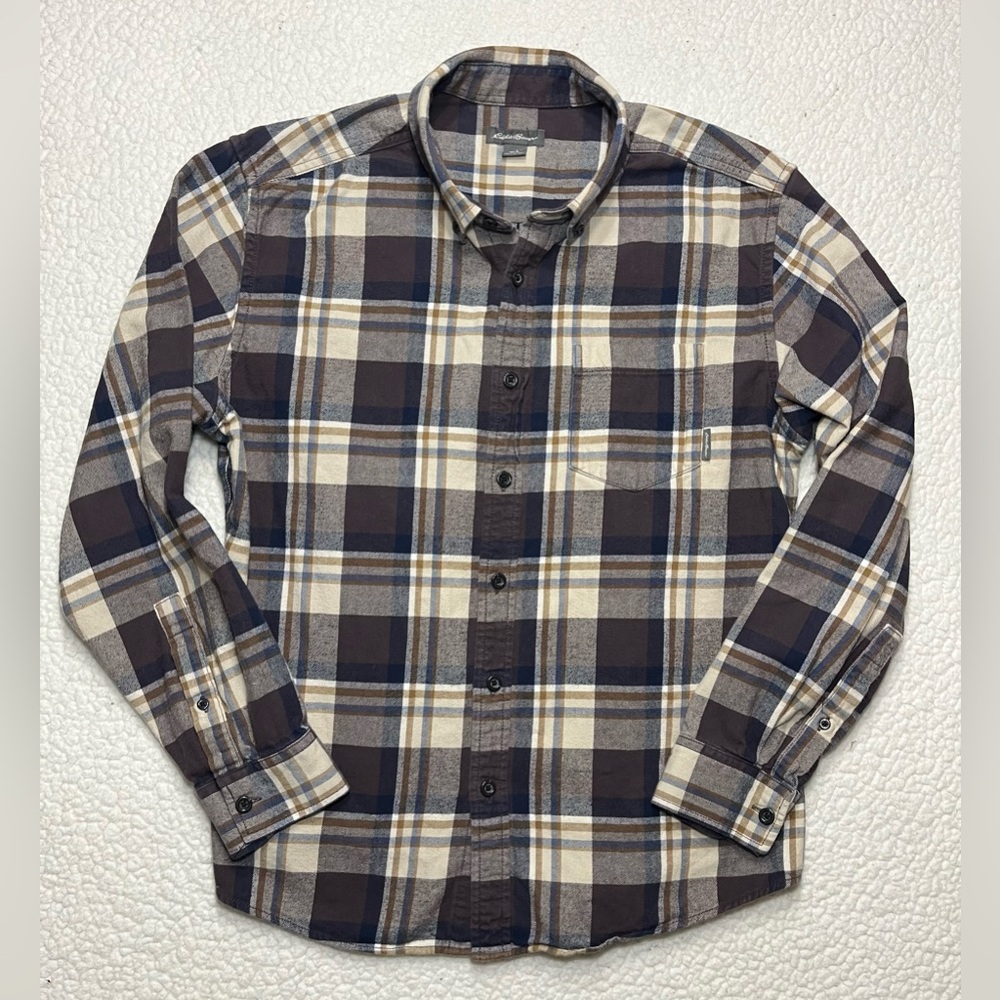 Eddie Bauer Plaid Flannel Shirt Purple Cream Mens Large